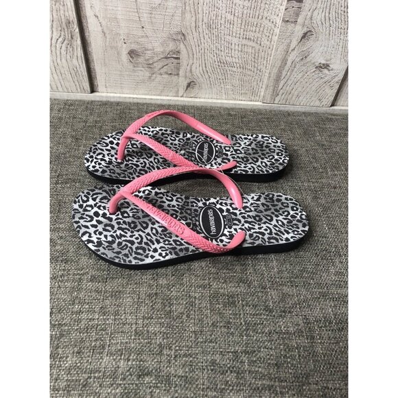 Havaianas Girls Size 2 Youth Flip Flops Black White Pink Leopard Print Sandals - Picture 4 of 7
